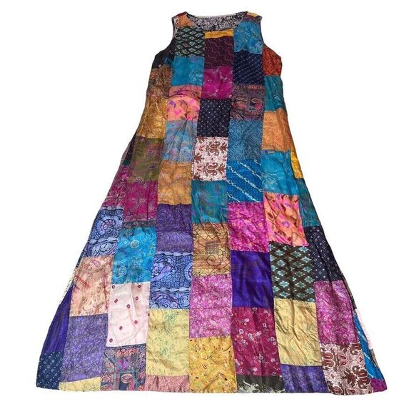 Dresses & Skirts - Silk Patchwork Maxi Reversible‎ Dress Womens Sz. Medium Gypsy  Boho Colorful